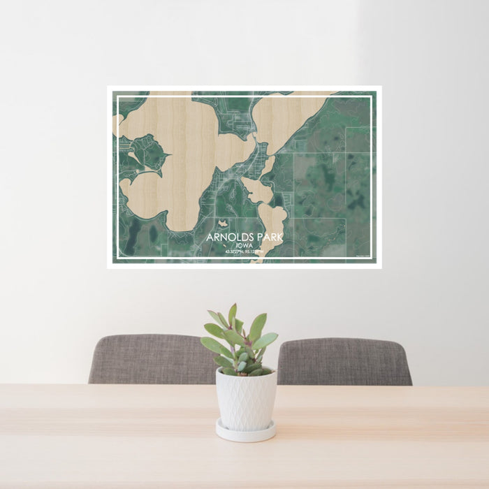 24x36 Arnolds Park Iowa Map Print Lanscape Orientation in Afternoon Style Behind 2 Chairs Table and Potted Plant