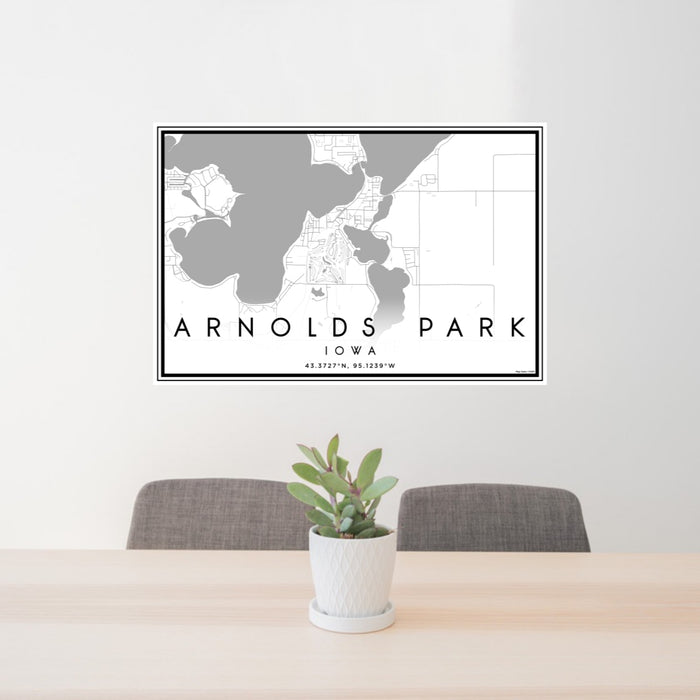 24x36 Arnolds Park Iowa Map Print Lanscape Orientation in Classic Style Behind 2 Chairs Table and Potted Plant