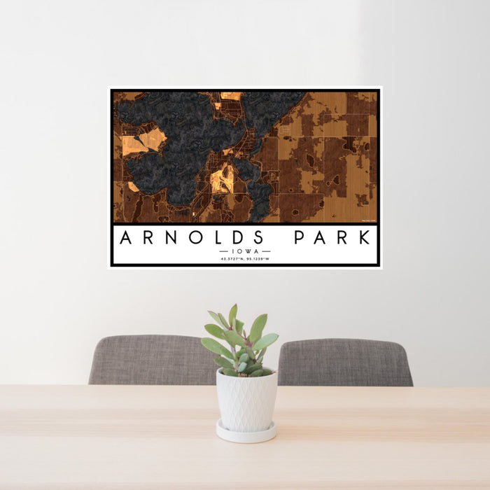 24x36 Arnolds Park Iowa Map Print Lanscape Orientation in Ember Style Behind 2 Chairs Table and Potted Plant
