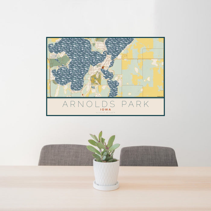24x36 Arnolds Park Iowa Map Print Lanscape Orientation in Woodblock Style Behind 2 Chairs Table and Potted Plant