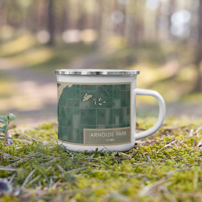 Right View Custom Arnolds Park Iowa Map Enamel Mug in Afternoon on Grass With Trees in Background