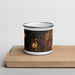 Front View Custom Arnolds Park Iowa Map Enamel Mug in Ember on Cutting Board