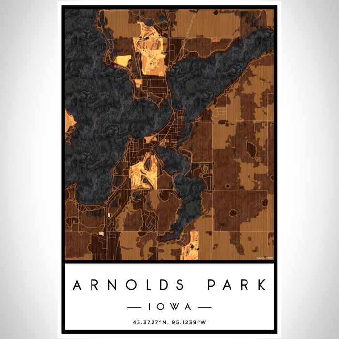 Arnolds Park Iowa Map Print Portrait Orientation in Ember Style With Shaded Background