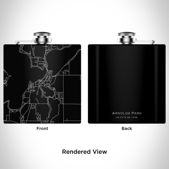 Rendered View of Arnolds Park Iowa Map Engraving on 6oz Stainless Steel Flask in Black