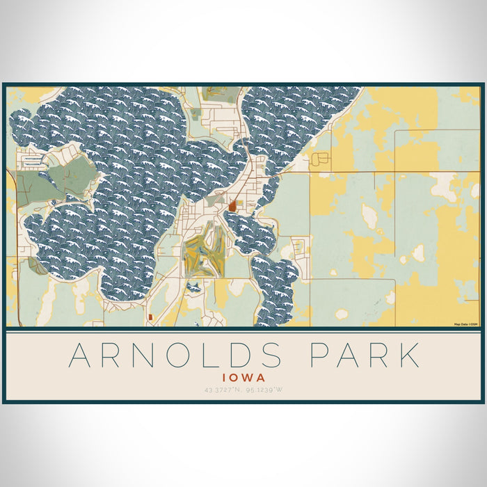Arnolds Park Iowa Map Print Landscape Orientation in Woodblock Style With Shaded Background