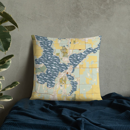 Custom Arnolds Park Iowa Map Throw Pillow in Woodblock on Bedding Against Wall