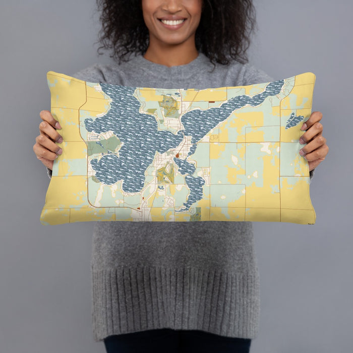 Person holding 20x12 Custom Arnolds Park Iowa Map Throw Pillow in Woodblock