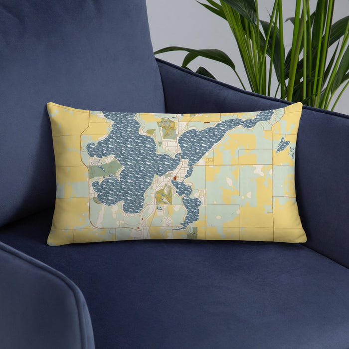 Custom Arnolds Park Iowa Map Throw Pillow in Woodblock on Blue Colored Chair