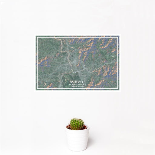 12x18 Asheville North Carolina Map Print Landscape Orientation in Afternoon Style With Small Cactus Plant in White Planter