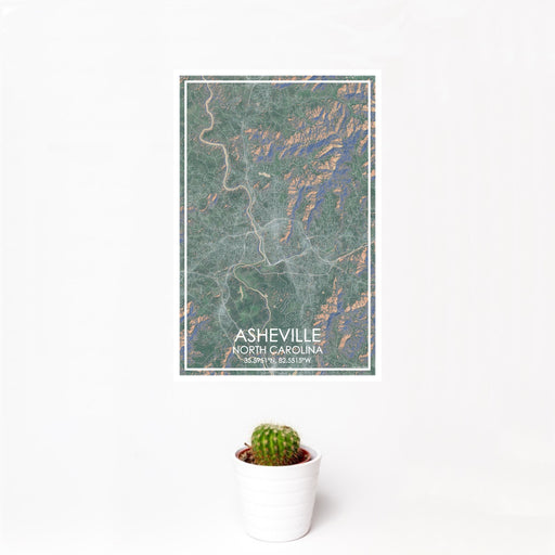 12x18 Asheville North Carolina Map Print Portrait Orientation in Afternoon Style With Small Cactus Plant in White Planter