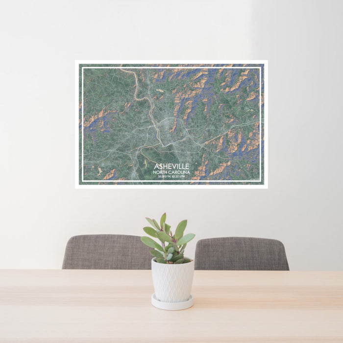 24x36 Asheville North Carolina Map Print Lanscape Orientation in Afternoon Style Behind 2 Chairs Table and Potted Plant