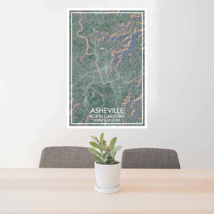 24x36 Asheville North Carolina Map Print Portrait Orientation in Afternoon Style Behind 2 Chairs Table and Potted Plant