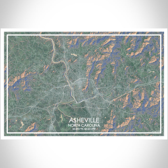 Asheville North Carolina Map Print Landscape Orientation in Afternoon Style With Shaded Background
