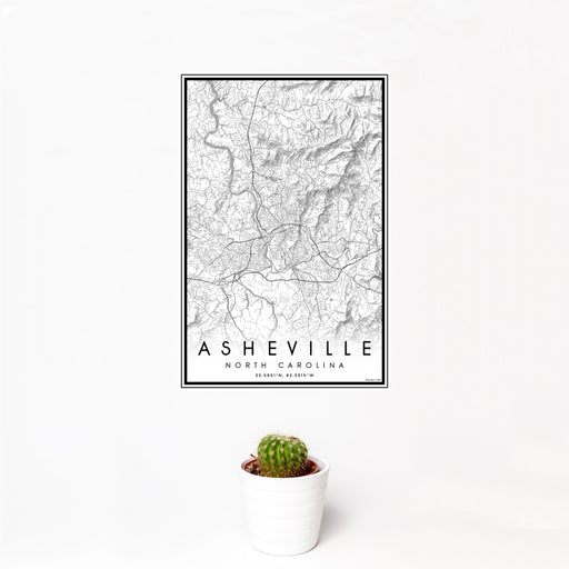 12x18 Asheville North Carolina Map Print Portrait Orientation in Classic Style With Small Cactus Plant in White Planter