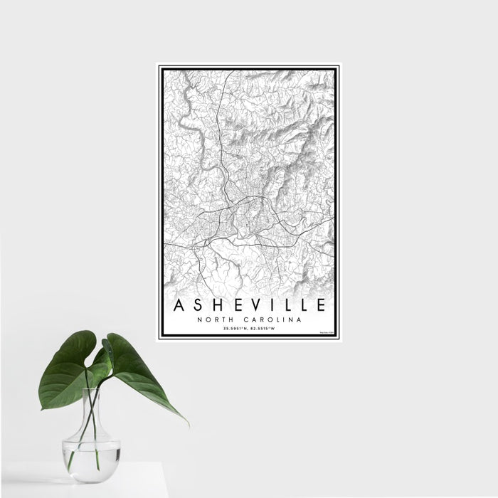 16x24 Asheville North Carolina Map Print Portrait Orientation in Classic Style With Tropical Plant Leaves in Water