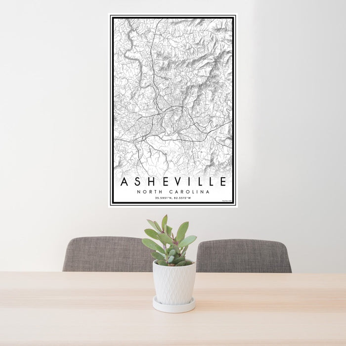 24x36 Asheville North Carolina Map Print Portrait Orientation in Classic Style Behind 2 Chairs Table and Potted Plant
