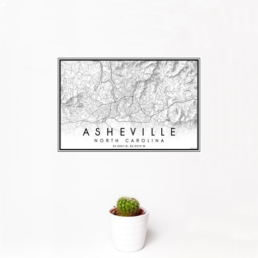 12x18 Asheville North Carolina Map Print Landscape Orientation in Classic Style With Small Cactus Plant in White Planter