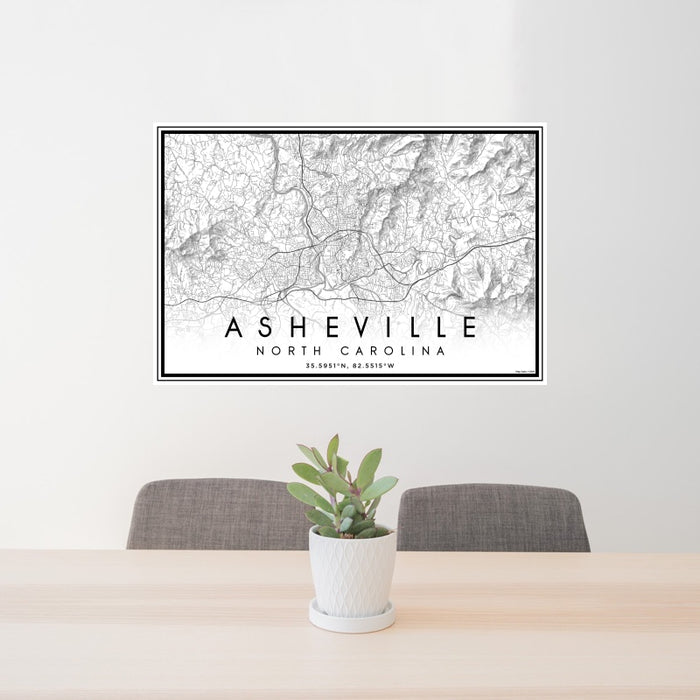 24x36 Asheville North Carolina Map Print Landscape Orientation in Classic Style Behind 2 Chairs Table and Potted Plant