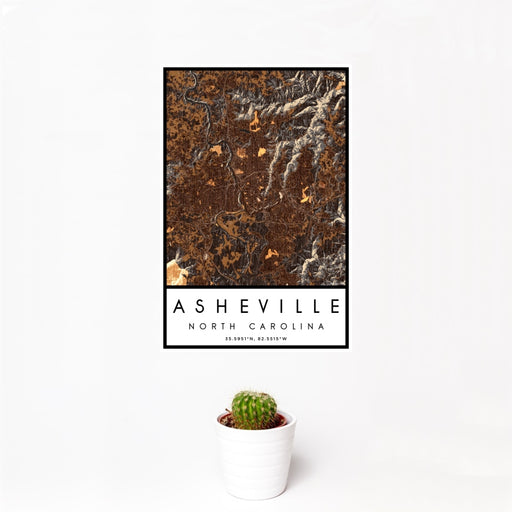 12x18 Asheville North Carolina Map Print Portrait Orientation in Ember Style With Small Cactus Plant in White Planter