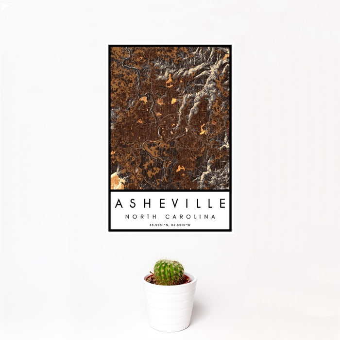 12x18 Asheville North Carolina Map Print Portrait Orientation in Ember Style With Small Cactus Plant in White Planter