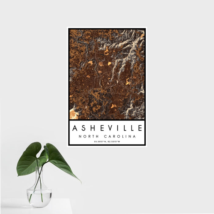 16x24 Asheville North Carolina Map Print Portrait Orientation in Ember Style With Tropical Plant Leaves in Water