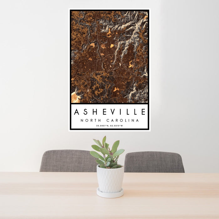 24x36 Asheville North Carolina Map Print Portrait Orientation in Ember Style Behind 2 Chairs Table and Potted Plant