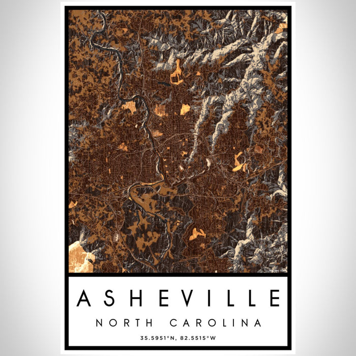 Asheville North Carolina Map Print Portrait Orientation in Ember Style With Shaded Background