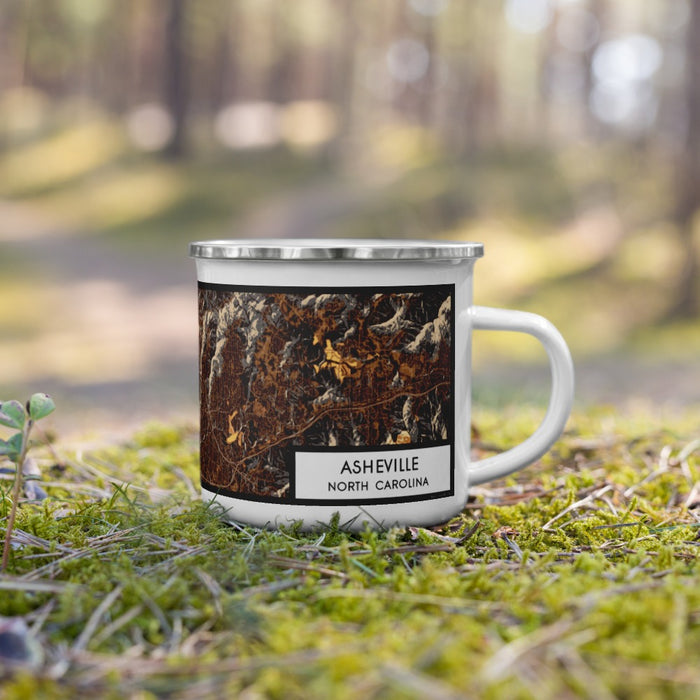 Right View Custom Asheville North Carolina Map Enamel Mug in Ember on Grass With Trees in Background