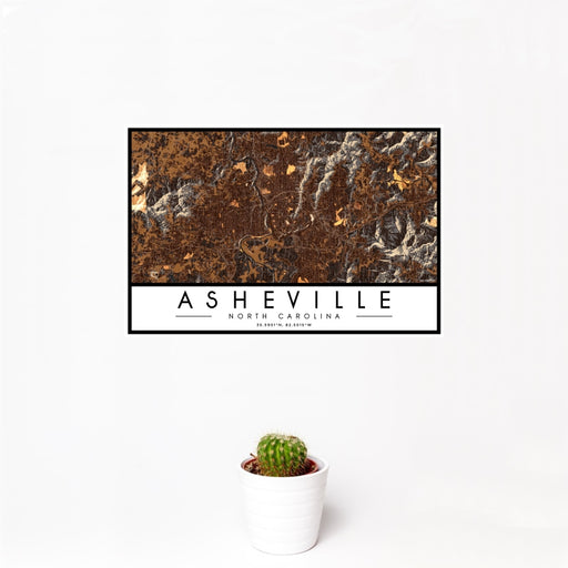 12x18 Asheville North Carolina Map Print Landscape Orientation in Ember Style With Small Cactus Plant in White Planter