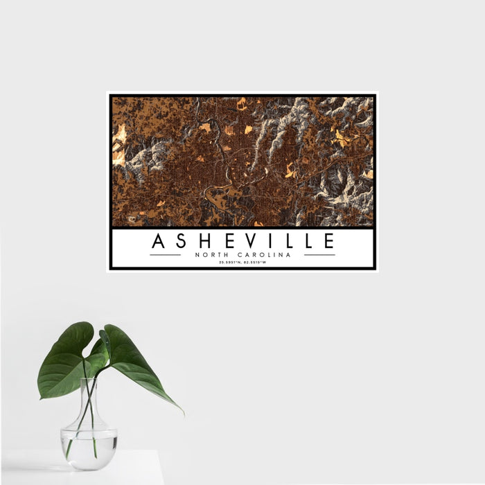 16x24 Asheville North Carolina Map Print Landscape Orientation in Ember Style With Tropical Plant Leaves in Water