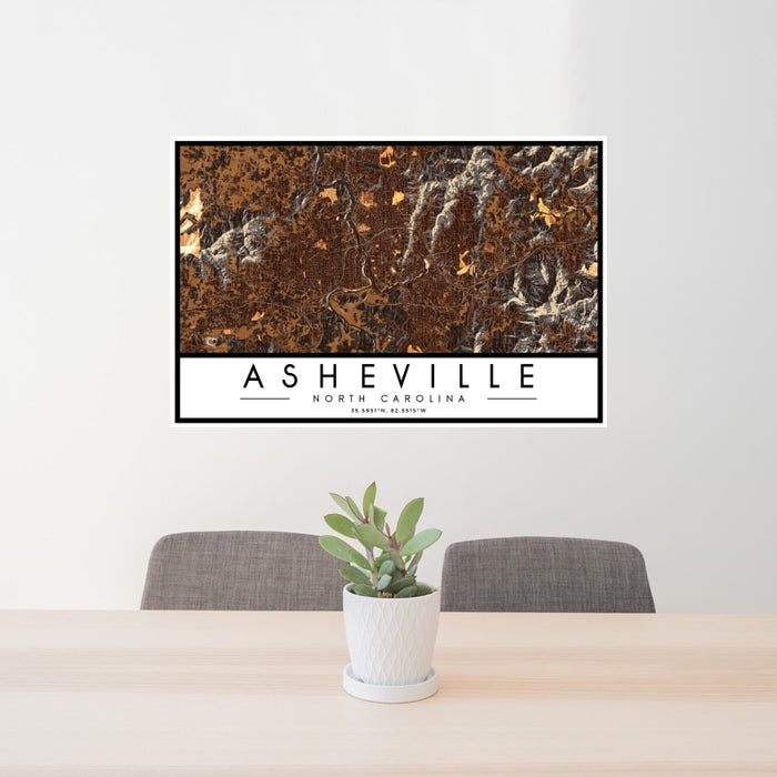 24x36 Asheville North Carolina Map Print Landscape Orientation in Ember Style Behind 2 Chairs Table and Potted Plant