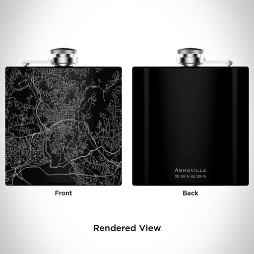 Rendered View of Asheville North Carolina Map Engraving on 6oz Stainless Steel Flask in Black