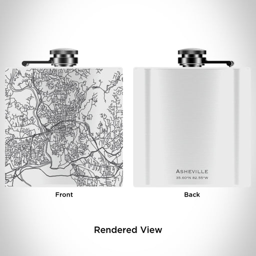 Rendered View of Asheville North Carolina Map Engraving on 6oz Stainless Steel Flask in White