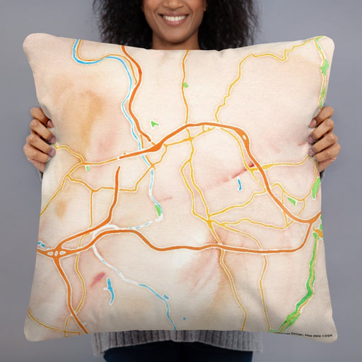 Person holding 22x22 Custom Asheville North Carolina Map Throw Pillow in Watercolor