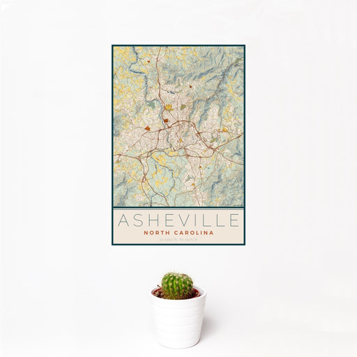 12x18 Asheville North Carolina Map Print Portrait Orientation in Woodblock Style With Small Cactus Plant in White Planter