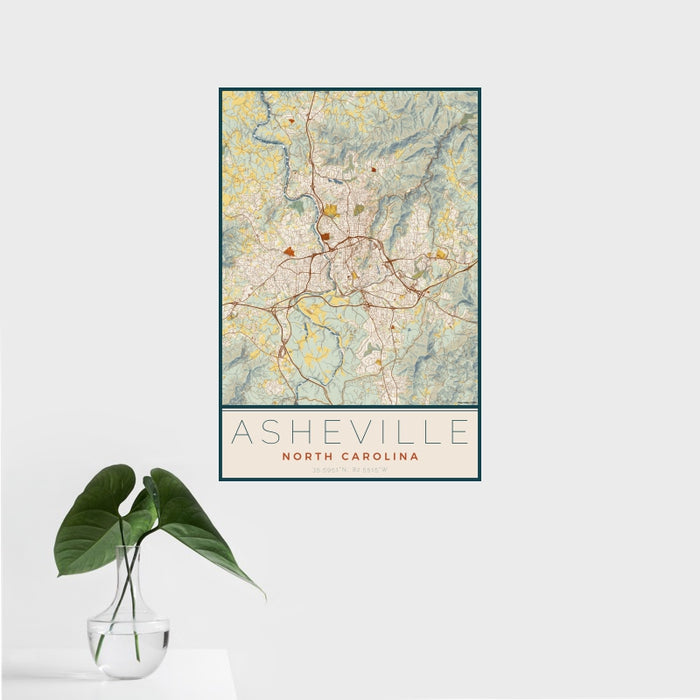 16x24 Asheville North Carolina Map Print Portrait Orientation in Woodblock Style With Tropical Plant Leaves in Water