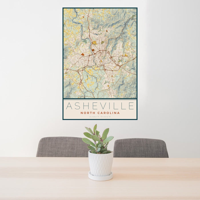 24x36 Asheville North Carolina Map Print Portrait Orientation in Woodblock Style Behind 2 Chairs Table and Potted Plant