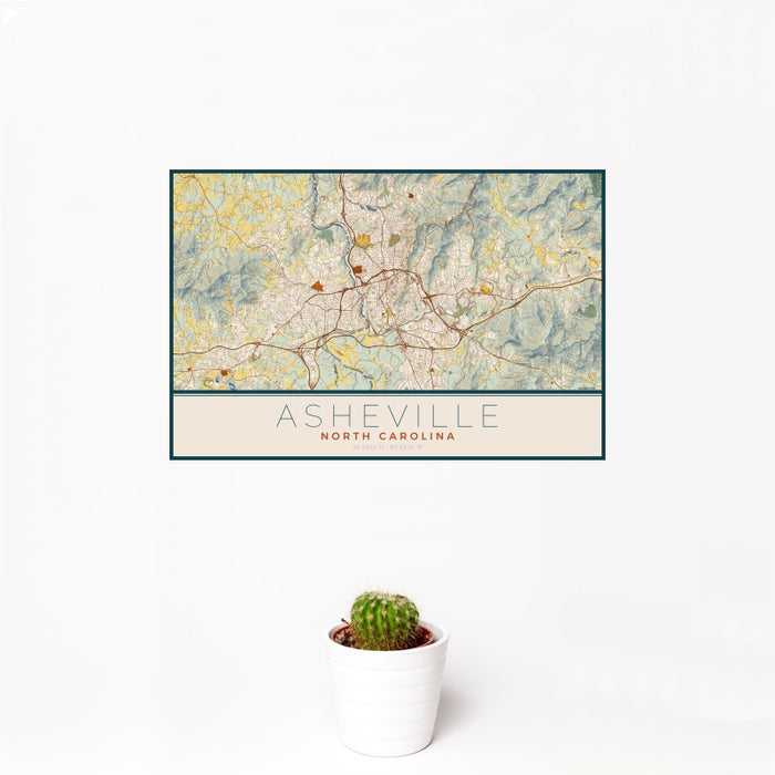 12x18 Asheville North Carolina Map Print Landscape Orientation in Woodblock Style With Small Cactus Plant in White Planter