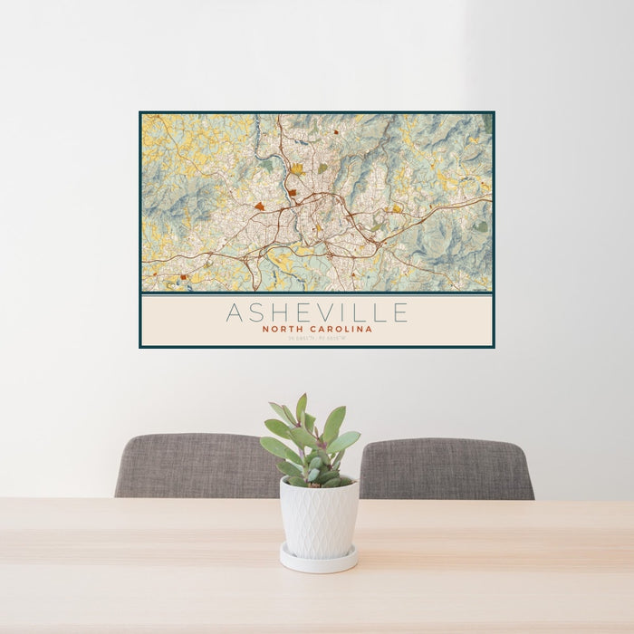 24x36 Asheville North Carolina Map Print Landscape Orientation in Woodblock Style Behind 2 Chairs Table and Potted Plant