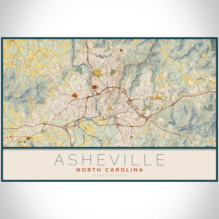 Asheville North Carolina Map Print Landscape Orientation in Woodblock Style With Shaded Background