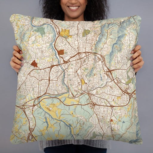 Person holding 22x22 Custom Asheville North Carolina Map Throw Pillow in Woodblock