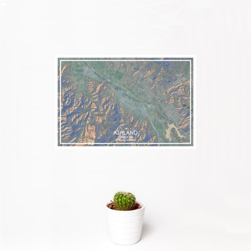 12x18 Ashland Oregon Map Print Landscape Orientation in Afternoon Style With Small Cactus Plant in White Planter
