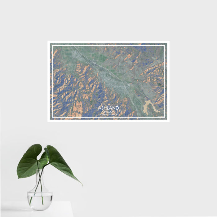 16x24 Ashland Oregon Map Print Landscape Orientation in Afternoon Style With Tropical Plant Leaves in Water
