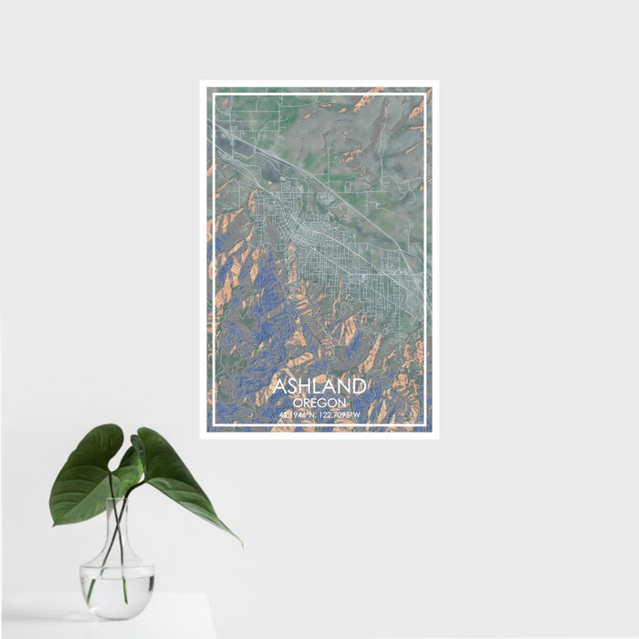 16x24 Ashland Oregon Map Print Portrait Orientation in Afternoon Style With Tropical Plant Leaves in Water
