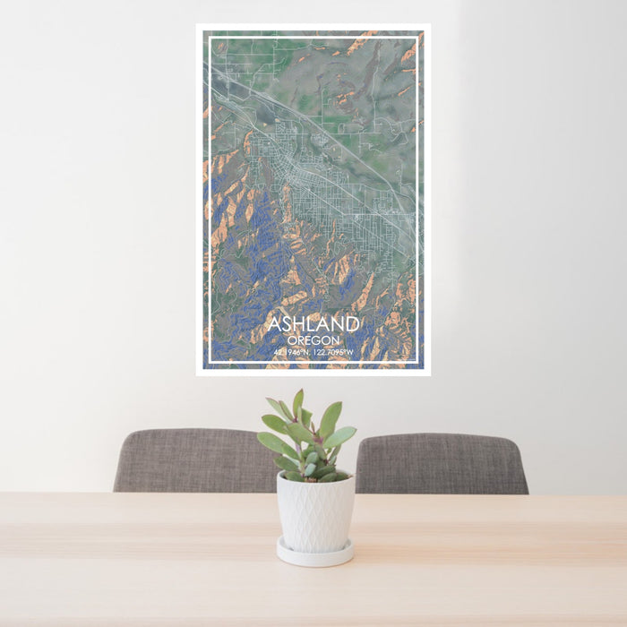 24x36 Ashland Oregon Map Print Portrait Orientation in Afternoon Style Behind 2 Chairs Table and Potted Plant