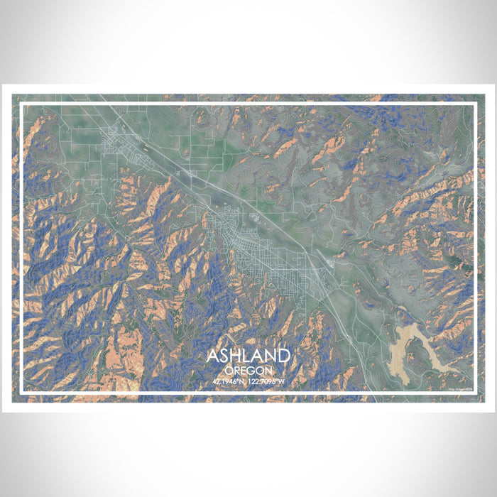 Ashland Oregon Map Print Landscape Orientation in Afternoon Style With Shaded Background