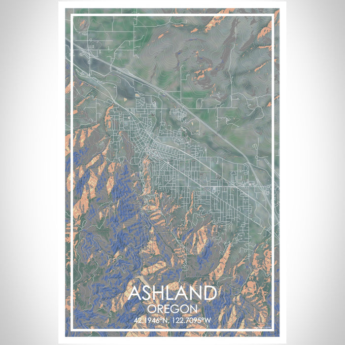 Ashland Oregon Map Print Portrait Orientation in Afternoon Style With Shaded Background