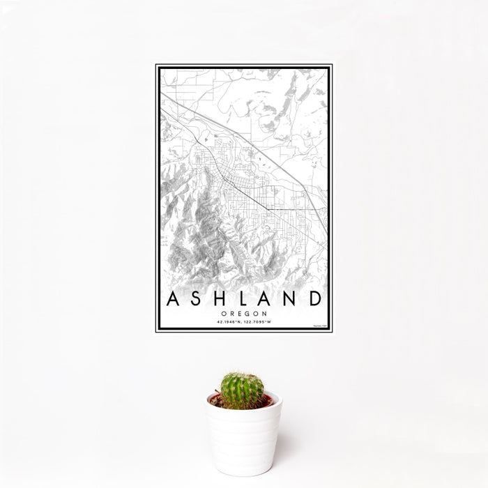 12x18 Ashland Oregon Map Print Portrait Orientation in Classic Style With Small Cactus Plant in White Planter