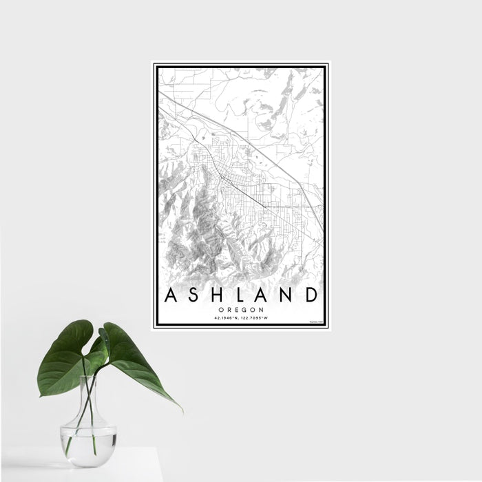 16x24 Ashland Oregon Map Print Portrait Orientation in Classic Style With Tropical Plant Leaves in Water