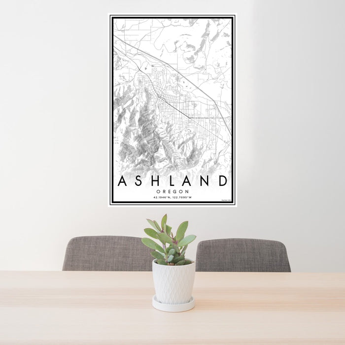 24x36 Ashland Oregon Map Print Portrait Orientation in Classic Style Behind 2 Chairs Table and Potted Plant